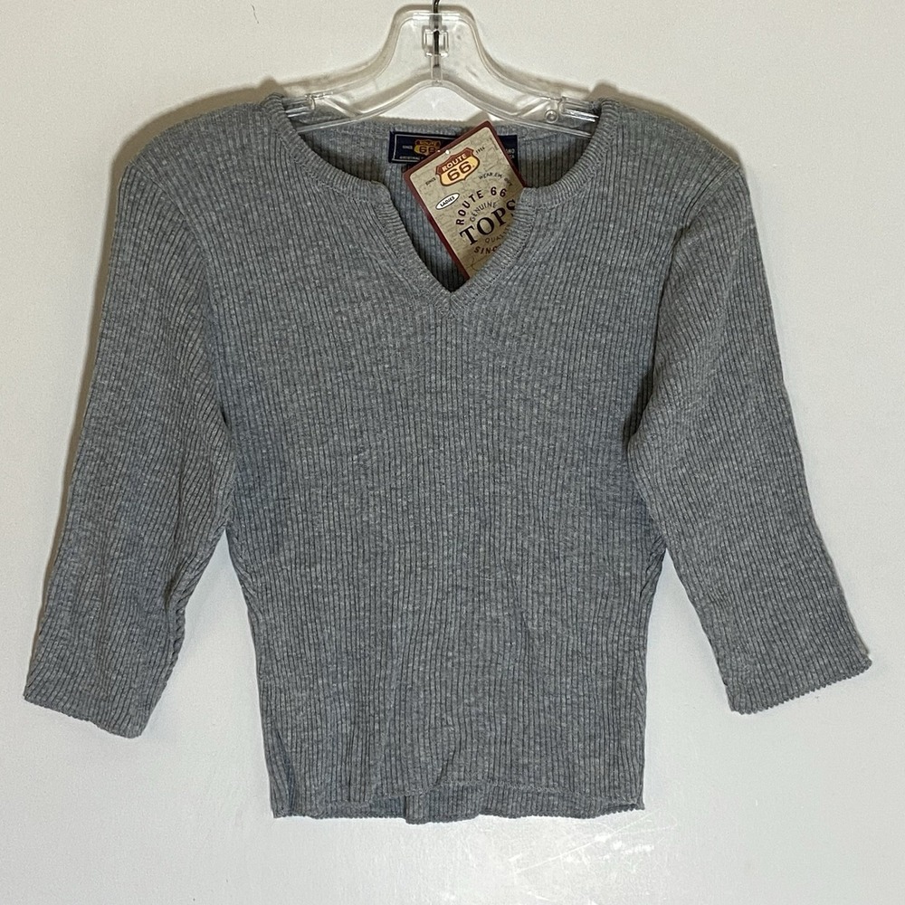 NOS Route 66 Sweater Womens Medium Gray Ribbed 3/4 Sleeve V Neck Y2K Kmart Fun M